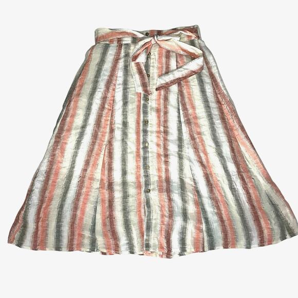 Anthropologie Tregene 100% Linen Maxi Skirt Vertical Stripes Button Down Size M - Picture 2 of 8